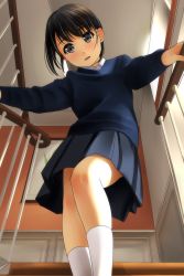 Rule 34 | 1girl, :d, black hair, black shirt, black skirt, blush, collared shirt, commentary request, feet out of frame, from below, highres, indoors, looking at viewer, looking down, matsunaga kouyou, open mouth, original, painting (object), picture frame, pleated skirt, railing, shirt, short hair, skirt, smile, socks, solo, stairs, white shirt, white socks