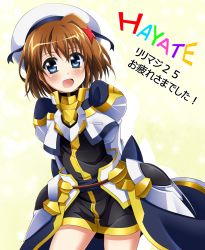 Rule 34 | 1girl, :d, armored skirt, arms behind back, beret, black dress, blue eyes, brown hair, character name, commentary, cropped jacket, dress, hair ornament, hat, highres, jacket, juliet sleeves, long sleeves, looking at viewer, lyrical nanoha, magical girl, mahou shoujo lyrical nanoha, mahou shoujo lyrical nanoha a&#039;s, open mouth, puffy sleeves, short dress, short hair, smile, solo, standing, translated, waist cape, white hat, white jacket, x hair ornament, yagami hayate, yorousa (yoroiusagi)