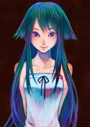 Rule 34 | 1girl, arms behind back, bare shoulders, breasts, brown background, commentary request, dress, green eyes, green hair, hair flaps, highres, long hair, looking at viewer, saitou nekoichi, saya (saya no uta), saya no uta, small breasts, smile, solo, straight-on, sundress, upper body, very long hair, white dress