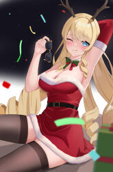 Rule 34 | 1girl, ;q, absurdres, alternate costume, arm up, armpits, bare shoulders, belt, black belt, black thighhighs, blonde hair, blue eyes, blush, bow, bowtie, breasts, cleavage, coffee can ex, commentary, detached sleeves, dress, drill hair, drill sidelocks, fake antlers, genshin impact, green bow, green bowtie, hand up, highres, holding, holding removed eyewear, large breasts, long hair, looking at viewer, navia (genshin impact), one eye closed, red dress, short dress, sidelocks, sitting, solo, strapless, strapless dress, thighhighs, thighs, tongue, tongue out, unworn eyewear, very long hair