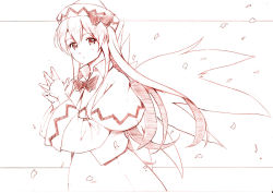 Rule 34 | 1girl, bow, capelet, dress, female focus, hat, hat ribbon, lily white, long hair, monochrome, own hands together, petals, ribbon, solo, steepled fingers, touhou, vent arbre, very long hair, wings