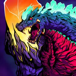 Rule 34 | absurdres, alien, colored sclera, crest, crystal, dinosaur, giant, giant monster, glowing, glowing crystal, glowing eyes, glowing spikes, godzilla (series), godzilla vs. spacegodzilla, highres, kaijuu, lyle speck, monster, no humans, open mouth, red eyes, sharp teeth, shoulder spikes, spacegodzilla, spikes, teeth, toho, tongue, tusks, yellow sclera