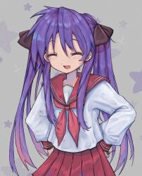Rule 34 | 1girl, black ribbon, blood, blood on clothes, blood on hands, bloody weapon, bow, closed eyes, grey background, hair between eyes, hair ribbon, hands on own hips, highres, hiiragi kagami, long hair, lucky star, open mouth, purple hair, r (reijibnuy2), red sailor collar, red skirt, ribbon, ryouou school uniform, sailor collar, school uniform, serafuku, skirt, smile, solo, star (symbol), twintails, weapon
