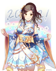 Rule 34 | 1girl, 2021, :d, alternate costume, bare shoulders, black hair, blue dress, blue sleeves, blush, border, braid, braided bun, brown eyes, clenched hands, commentary request, detached sleeves, dress, floral print, grin, hair bun, highres, idolmaster, idolmaster cinderella girls, idolmaster cinderella girls starlight stage, japanese clothes, kimono, kimono skirt, long hair, looking at viewer, mukai takumi, open mouth, rainbow, shangzi, single hair bun, smile, solo, twitter username, white border, wide sleeves