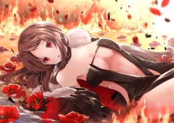 Rule 34 | 1girl, black dress, black gloves, black jacket, blurry, blurry foreground, blush, breasts, brown hair, burning, depth of field, dress, earrings, fate/grand order, fate (series), fire, flower, flower on liquid, forehead, fur-trimmed jacket, fur trim, gloves, iroha (shiki), jacket, jewelry, long hair, looking to the side, lying, medium breasts, navel, on back, open clothes, open jacket, parted bangs, parted lips, red eyes, red flower, revealing clothes, shallow water, solo, water, yu mei-ren (fate)