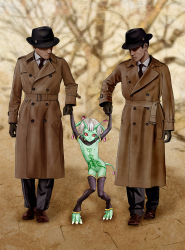 Rule 34 | 1girl, 2boys, alien, antennae, belt, black sclera, captured alien (meme), claws, coat, colored sclera, colored skin, commentary request, digitigrade, elbow gloves, fedora, fewer digits, flat chest, gloves, green skin, grey hair, hat, highres, holding hands, looking at another, looking at viewer, multiple boys, necktie, original, pointy ears, red eyes, short hair, tail, tattoo, thighhighs, trench coat, unno hotaru