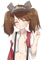 Rule 34 | 10s, 1girl, ^ ^, bad id, bad pixiv id, blush, brown hair, clenched teeth, closed eyes, coupon (skyth), dirty, eyebrows, closed eyes, flat chest, grin, kantai collection, navel, open clothes, ryuujou (kancolle), short hair, simple background, smile, solo, suspenders, teeth, torn clothes, twintails, upper body, v, visor cap, w, white background