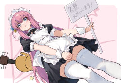 Rule 34 | 1girl, absurdres, apron, black dress, blue eyes, blush, bocchi the rock!, commentary, cube hair ornament, dress, dutch angle, embarrassed, feet out of frame, frilled apron, frills, gotoh hitori, hair ornament, hair over eyes, highres, holding, holding sign, long hair, looking at viewer, maid, maid apron, maid headdress, one side up, pink hair, puffy short sleeves, puffy sleeves, r1zen, short sleeves, sidelocks, sign, solo, thighhighs, translation request, white apron, white thighhighs, wrist cuffs