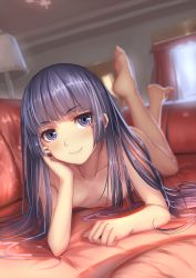 Rule 34 | 1girl, barefoot, black hair, blunt bangs, blurry, blush, breasts, casual nudity, collarbone, completely nude, couch, curtains, depth of field, artistic error, feet, feet up, gokou ruri, head rest, highres, hime cut, indoors, jpeg artifacts, lamp, long hair, long legs, looking at viewer, lying, mole, mole under eye, musyne xsk, nipples, nude, on couch, on stomach, ore no imouto ga konna ni kawaii wake ga nai, purple eyes, ringed eyes, small breasts, smile, solo, window, wrong foot