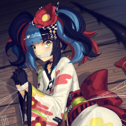 Rule 34 | 1girl, bdsm, black gloves, black hair, blue hair, bondage, bound, bound wrists, cad (caddo), cloth gag, commentary request, fate/grand order, fate (series), gag, gagged, gloves, highres, improvised gag, japanese clothes, kimono, long sleeves, looking at viewer, multicolored hair, red hair, sei shounagon (fate), silk, solo, spider web, streaked hair, twintails, upper body, white kimono, yellow eyes