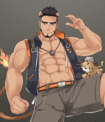 Rule 34 | 1boy, abs, alca (wakatanka4), animal ears, bara, bare arms, beard, black hair, creature, facial hair, grey shorts, gyee, highres, jacket, jewelry, lion boy, lion ears, lion tail, male focus, mature male, muscular, muscular male, navel, necklace, nipples, open clothes, open jacket, original, pectoral cleavage, pectorals, renjc, shorts, sleeveless, sleeveless jacket, solo, stomach, tail, thick eyebrows, undercut