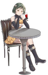 Rule 34 | 1girl, bare shoulders, black footwear, black gloves, boots, braid, breasts, brown dress, brown eyes, chair, crossed legs, cup, dress, drinking glass, elbow gloves, flower, gloves, green hair, hair flower, hair ornament, hairclip, high heel boots, high heels, highres, holding, holding cup, looking away, medium breasts, mosta (lo1777789), on chair, original, parted lips, pleated dress, rose, simple background, sitting, sleeveless, sleeveless dress, solo, table, white background, white flower, white rose