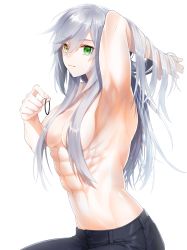 Rule 34 | 1girl, abs, arm up, armpits, bad anatomy, black pants, breasts, collarbone, commentary request, eyes visible through hair, green eyes, groin, hair between eyes, hair tie, hand in own hair, hand up, heterochromia, holding, long hair, looking at viewer, messy hair, muscular, muscular female, navel, original, pants, ribs, sidelocks, silver hair, simple background, small breasts, smile, solo, topless, topless male, upper body, waka (shark waka), white background, yellow eyes