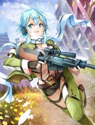 Rule 34 | 1girl, anti-materiel rifle, aqua eyes, aqua hair, black shorts, bolt action, breasts, cleavage, commentary request, day, dutch angle, fingerless gloves, flower, gloves, grass, green jacket, gun, hair between eyes, hair ornament, hairclip, highres, holding, holding gun, holding weapon, jacket, long sleeves, medium breasts, nisimy, open mouth, outdoors, pgm hecate ii, rifle, ruins, running, scarf, short hair, short hair with long locks, short shorts, shorts, sinon, sniper rifle, solo, sword art online, teeth, trigger discipline, weapon