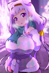 Rule 34 | 10s, 1girl, :o, argyle, argyle clothes, argyle sweater, breasts, cone hair bun, double bun, green scarf, hair bun, hairband, highres, hugtto! precure, large breasts, light purple hair, long hair, looking at viewer, low twintails, precure, purple eyes, ruru amour, ryuuta (cure ryuuta), scarf, solo, sweater, twintails