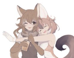 Rule 34 | 2girls, ;d, ^ ^, animal ear fluff, animal ears, bare shoulders, black eyes, brown gloves, brown hair, bubble tea, character request, closed eyes, cup, disposable cup, dnsdltkfkd, drinking straw, elbow gloves, extra ears, fang, fur collar, gloves, hair between eyes, heart, hug, kemono friends, long hair, looking at viewer, multicolored hair, multiple girls, one eye closed, open mouth, short hair, short sleeves, simple background, sleeveless, smile, tail, upper body, white background, white gloves