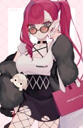 Rule 34 | 1388chan, 1girl, :o, adjusting eyewear, alternate costume, alternate hairstyle, artist name, bag, baobhan sith (fate), black choker, black skirt, blunt bangs, blush, border, breasts, brown-framed eyewear, character doll, character name, choker, cleavage, coat, contrapposto, cowboy shot, drill hair, drill sidelocks, earrings, fate/grand order, fate (series), fishnet pantyhose, fishnets, fur coat, grey coat, grey eyes, hand up, high-waist skirt, highres, holding, holding bag, hoop earrings, jewelry, long hair, looking at viewer, medium breasts, morgan le fay (fate), nail polish, off shoulder, orange-tinted eyewear, outside border, pantyhose, parted lips, pink border, pink hair, pink nails, pointy ears, shirt, shopping bag, short sleeves, side ponytail, sidelocks, simple background, single hair intake, single sidelock, skirt, slit pupils, solo, sunglasses, tinted eyewear, torn clothes, torn skirt, twitter username, white background, white shirt