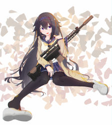 Rule 34 | 1girl, absurdres, black hair, black legwear, blue skirt, breasts, chinese commentary, commentary request, full body, girls&#039; frontline, gun, hairband, highres, holding, holding gun, holding weapon, hood, hood down, hooded jacket, jacket, long hair, looking at viewer, medium breasts, neckerchief, open clothes, open jacket, open mouth, purple eyes, rifle, sailor collar, shirt, shoes, sitting, skirt, smile, sniper rifle, super sass (girls&#039; frontline), weapon, white footwear, white shirt, xintianou, yellow jacket, yellow neckerchief