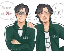 Rule 34 | !, ..., 2boys, adam&#039;s apple, annoyed, black hair, cho sang-woo, chuubunz, collarbone, crossed arms, english text, facial hair, glasses, green jacket, hand on another&#039;s shoulder, highres, jacket, long sleeves, male focus, multiple boys, mustache, nervous, numbered, open mouth, seong gi-hun, shirt, short hair, sleeves past elbows, speech bubble, squid game, stubble, sweat, track jacket, white shirt
