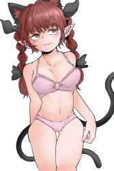 Rule 34 | 1girl, :3, animal ears, arm behind back, bare shoulders, black bow, bow, braid, breasts, cat ears, cat tail, closed mouth, cowboy shot, extra ears, fe (tetsu), gluteal fold, hair bow, hair ribbon, highres, kaenbyou rin, light blush, light smile, long hair, looking to the side, medium breasts, multiple tails, navel, nekomata, pointy ears, red eyes, red hair, ribbon, sanpaku, simple background, slit pupils, solo, tail, thighs, touhou, tress ribbon, twin braids, twintails, two tails, underwear, white background