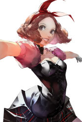 Rule 34 | 1girl, blazpu, bow, breasts, brown eyes, brown hair, commentary, english commentary, hair bow, highres, looking to the side, okumura haru, persona, persona 5, persona 5: dancing star night, persona dancing, red bow, short hair, small breasts, smile, solo, t-pose, white background
