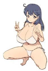 Rule 34 | 1girl, ahoge, alchera, alternate breast size, barefoot, bikini, black hair, breasts, brown eyes, cleavage, full body, huge breasts, kantai collection, long hair, looking at viewer, side-tie bikini bottom, simple background, solo, squatting, swimsuit, ushio (kancolle), white background, white bikini