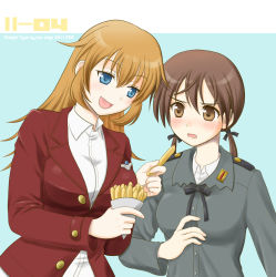 Rule 34 | 2girls, ariga nao, badge, blush, charlotte e. yeager, food, french fries, gertrud barkhorn, multiple girls, open mouth, smile, strike witches, uniform, world witches series