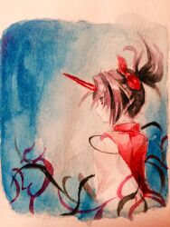 Rule 34 | 1girl, black eyes, black hair, bow, commentary request, hair bow, horns, kaigen 1025, konngara (touhou), long sleeves, painting (medium), ponytail, red bow, red horns, red vest, shirt, single horn, solo, touhou, touhou (pc-98), traditional media, upper body, vest, watercolor (medium), white shirt