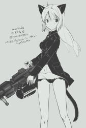 Rule 34 | 1girl, animal ears, aohashi ame, cat ears, cat tail, character name, dated, gun, heinrike prinzessin zu sayn-wittgenstein, highres, hirschgeweih antennas, long hair, md5 mismatch, military, military uniform, monochrome, panties, resized, solo, star (symbol), strike witches, tail, twitter username, underwear, uniform, weapon, world witches series
