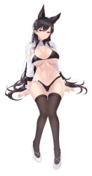 Rule 34 | 1girl, alternate costume, animal ears, arm support, arms at sides, ass, atago (azur lane), atago (stunning speedster) (azur lane), azur lane, bikini, black bikini, black hair, black thighhighs, blush, breasts, brown eyes, cait aron, closed mouth, clothes writing, commentary request, extra ears, full body, groin, hair ribbon, high heels, highres, holding, jacket, large breasts, long hair, looking at viewer, lying, mole, mole under eye, navel, no shoes, open clothes, open jacket, pumps, ribbon, simple background, sitting, smile, solo, stomach, swept bangs, swimsuit, thighhighs, white background, white footwear, white ribbon, wolf ears, wrist cuffs