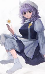 Rule 34 | 1girl, apron, b nosk101, blue vest, flower, highres, letty whiterock, long sleeves, looking at viewer, medium hair, nail polish, pants, puffy long sleeves, puffy sleeves, purple eyes, purple hair, purple nails, shirt, sitting, smile, socks, solo, touhou, trident ornament, turtleneck, vest, waist apron, white apron, white headwear, white shirt, white socks, yokozuwari