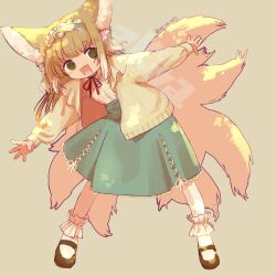 Rule 34 | 1girl, animal ears, arknights, artist name, blonde hair, bobby socks, brown background, brown footwear, cardigan, commentary request, cross-laced clothes, cross-laced skirt, cross-laced slit, fox ears, fox girl, fox tail, frilled hairband, frills, full body, green eyes, green hairband, green skirt, hairband, highres, kitsune, kyuubi, long hair, long sleeves, mary janes, multiple tails, niwatori (akira 207), official alternate costume, open mouth, red ribbon, ribbon, shirt, shoes, side slit, signature, simple background, skirt, socks, solo, suzuran (arknights), suzuran (spring praise) (arknights), tail, white shirt, white socks, yellow cardigan