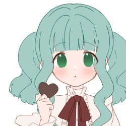 Rule 34 | 1girl, alternate costume, aqua hair, blunt bangs, blush, bow, bowtie, brown bow, brown bowtie, buttons, center frills, clenched hand, collared shirt, dot nose, frills, futaba sana, green eyes, hand up, heart, holding, holding heart, long sleeves, looking at viewer, magia record: mahou shoujo madoka magica gaiden, mahou shoujo madoka magica, portrait, ruru (rurumagi), shirt, sidelocks, simple background, solo, straight-on, twintails, wavy hair, white background, white shirt