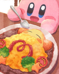 Rule 34 | blue eyes, blush stickers, broccoli, carrot slice, cherry tomato, curry, food, food focus, foodification, highres, holding, holding spoon, ketchup, kirby, kirby (series), kirby cafe, miclot, nintendo, no humans, omelet, omurice, open mouth, plate, smile, spoon, table, tomato, waddle dee