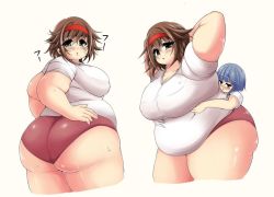 Rule 34 | 2girls, ass, blue hair, blush, breasts, brown eyes, brown hair, fat, gym uniform, hairband, large breasts, looking at viewer, multiple girls, obese, parted lips, size difference