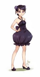 Rule 34 | 1girl, bare arms, bare legs, black dress, black hair, blueberry, bun cover, double bun, dress, food, food-themed clothes, fruit, full body, hands on own hips, meago, original, personification, purple eyes, shoes, signature, sketch, smile, solo, white background