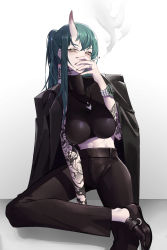 Rule 34 | 1girl, absurdres, arknights, arm tattoo, black footwear, black jacket, black pants, black shirt, breasts, cigarette, commentary request, crop top, female focus, green hair, hand up, highres, holding, holding cigarette, horns, hoshiguma (arknights), jacket, jacket on shoulders, large breasts, long hair, looking at viewer, midriff, pants, ponytail, sama (sama24654684), shirt, shoes, single horn, smoke, smoking, solo, tattoo, yellow eyes
