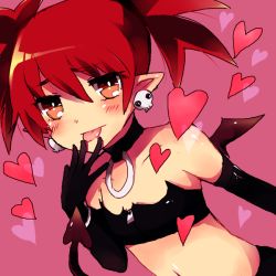 Rule 34 | 1girl, :p, bat wings, blush, collar, demon girl, demon tail, disgaea, elbow gloves, etna (disgaea), female focus, finger to mouth, flat chest, gloves, heart, jewelry, looking at viewer, pointy ears, red hair, ring, short hair, short shirt, short top, solo, tail, tongue, tongue out, twintails, upper body, wings