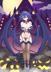 Rule 34 | 1girl, absurdres, alternate breast size, alternate costume, ankokuboshi kurome, annoyed, bare shoulders, black gloves, black wings, blue gloves, blue wings, blush, braid, breasts, castle, commission, crimsle, demon girl, demon horns, demon tail, demon wings, detached collar, elbow gloves, embarrassed, full body, full moon, garter straps, gloves, groin, hair between eyes, halloween, halloween costume, hand on own hip, hand on own stomach, hand up, highres, hip focus, horns, large breasts, legs, legs together, long hair, looking at viewer, moon, navel, neptune (series), night, night sky, open mouth, outdoors, pixiv commission, pumpkin, revealing clothes, shin jigen game neptune vii, sky, slit pupils, solo, star (sky), starry sky, tail, tail around own leg, teeth, thigh gap, thighhighs, thighs, twin braids, twintails, underboob, upper teeth only, very long hair, wings