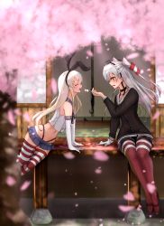 Rule 34 | 10s, 2girls, amatsukaze (kancolle), anchor, anchor hair ornament, architecture, arm support, bare shoulders, black panties, blonde hair, brown dress, brown eyes, cherry blossoms, choker, closed eyes, crop top, dango, detached sleeves, dress, east asian architecture, elbow gloves, feeding, food, garter straps, gloves, hair ornament, hair tubes, hairband, hanami, highleg, highleg panties, highres, kamome donburi, kantai collection, leaning forward, lifebuoy, long hair, looking at another, microskirt, miniskirt, multiple girls, open mouth, outdoors, panties, red legwear, sailor collar, sailor dress, sanshoku dango, school uniform, serafuku, shimakaze (kancolle), short dress, silver hair, skirt, sliding doors, striped clothes, striped legwear, striped thighhighs, swim ring, tatami, thighhighs, thong, two side up, underwear, wagashi, white gloves, wooden floor