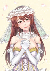 Rule 34 | 1girl, blush, breasts, bridal gauntlets, bridal veil, bride, brown eyes, brown hair, detached collar, dress, elbow gloves, gloves, large breasts, matching hair/eyes, own hands clasped, own hands together, parted lips, ryo (sora-ryu), solo, veil, wedding dress