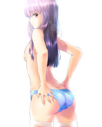 Rule 34 | 1girl, ass, ass grab, back, backlighting, bloom, blue panties, blush, breasts, butt crack, cowboy shot, crotch seam, from behind, grabbing own ass, highres, lens flare, long hair, looking at viewer, looking back, original, panties, profile, puriketsu corgy, purple eyes, purple hair, simple background, skindentation, small breasts, solo, standing, thighhighs, topless, underwear