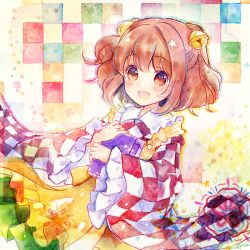 Rule 34 | 1girl, apron, bell, blush, book, checkered background, checkered clothes, checkered shirt, hair bell, hair ornament, japanese clothes, long sleeves, matching hair/eyes, motoori kosuzu, open mouth, orange eyes, orange hair, shirt, short hair, skirt, smile, solo, torii sumi, touhou, twintails, two side up, wide sleeves