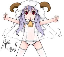 Rule 34 | 1girl, animal costume, animal hood, bell, chestnut mouth, child, dot nose, female focus, flat chest, groin, hood, horns, light purple hair, long hair, looking at viewer, miyauchi renge, non non biyori, one-piece swimsuit, open mouth, outstretched arms, purple hair, red eyes, sasa1020, school swimsuit, sheep costume, simple background, solo, spread arms, spread legs, standing, swimsuit, teeth, thighhighs, triangle mouth, twintails, upper teeth only, white background, white one-piece swimsuit, white school swimsuit