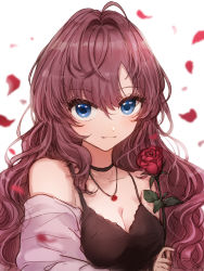 Rule 34 | 1girl, :3, ahoge, bare shoulders, black choker, blue eyes, blurry, blurry background, blush, breasts, brown hair, choker, cleavage, collarbone, flower, highres, holding, holding flower, ichinose shiki, idolmaster, idolmaster cinderella girls, jewelry, kuromitsu maria, long hair, looking at viewer, medium breasts, necklace, off shoulder, petals, red flower, rose, simple background, smile, solo, upper body, wavy hair, white background