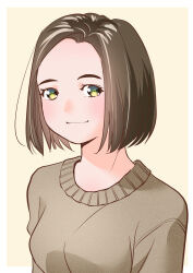 Rule 34 | 1girl, arms at sides, black eyes, brown hair, brown sweater, forehead, light smile, looking at viewer, original, short hair, smile, solo, sweater, thick eyebrows, upper body, yamanaka kouji (yanchiki2001)