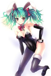 Rule 34 | 1girl, animal ears, aqua hair, armpits, asymmetrical legwear, bare shoulders, black leotard, breasts, elbow gloves, fake animal ears, fingerless gloves, fishnets, gloves, hair ribbon, hand on own hip, highres, leotard, looking at viewer, medium breasts, mismatched legwear, official art, orange eyes, pantyhose, playboy bunny, rabbit ears, rabbit tail, reason (ficafe), red ribbon, resized, ribbon, scarlet (soccer spirits), soccer spirits, tail, thighhighs, transparent background, twintails, upscaled