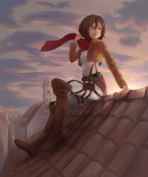 Rule 34 | 1girl, arm support, black eyes, black hairband, boots, breasts, brown footwear, brown hair, cloud, commentary request, cropped jacket, emblem, hair between eyes, hairband, highres, holding, holding clothes, holding scarf, knee boots, looking to the side, medium breasts, mikasa ackerman, on roof, overcast, pants, paradis military uniform, red scarf, red skirt, rooftop, scarf, shingeki no kyojin, short hair, shorts, sitting on roof, skirt, sky, slothdev (yat1215), solo, steepled fingers, survey corps, survey corps (emblem), three-dimensional maneuver gear, white pants, white shorts