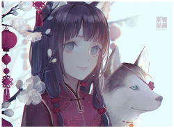Rule 34 | 1girl, animal, animal ears, brown hair, chinese new year, chinese zodiac, closed mouth, commentary request, dog, dog ears, echosdoodle, flower, grey eyes, lantern, looking at viewer, new year, original, outdoors, paper lantern, red shirt, shirt, smile, solo, white flower, winter, year of the dog