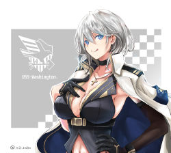 Rule 34 | 1girl, asymmetrical gloves, azur lane, black choker, black gloves, blue eyes, breasts, character name, choker, cleavage, commentary request, cross, cross necklace, elbow gloves, gloves, hand on own chest, jacket, jacket on shoulders, jewelry, large breasts, licking lips, looking at viewer, mole, mole on breast, nano neko, navel, necklace, short hair, silver hair, single elbow glove, smile, solo, tongue, tongue out, twitter username, uneven gloves, upper body, washington (azur lane)